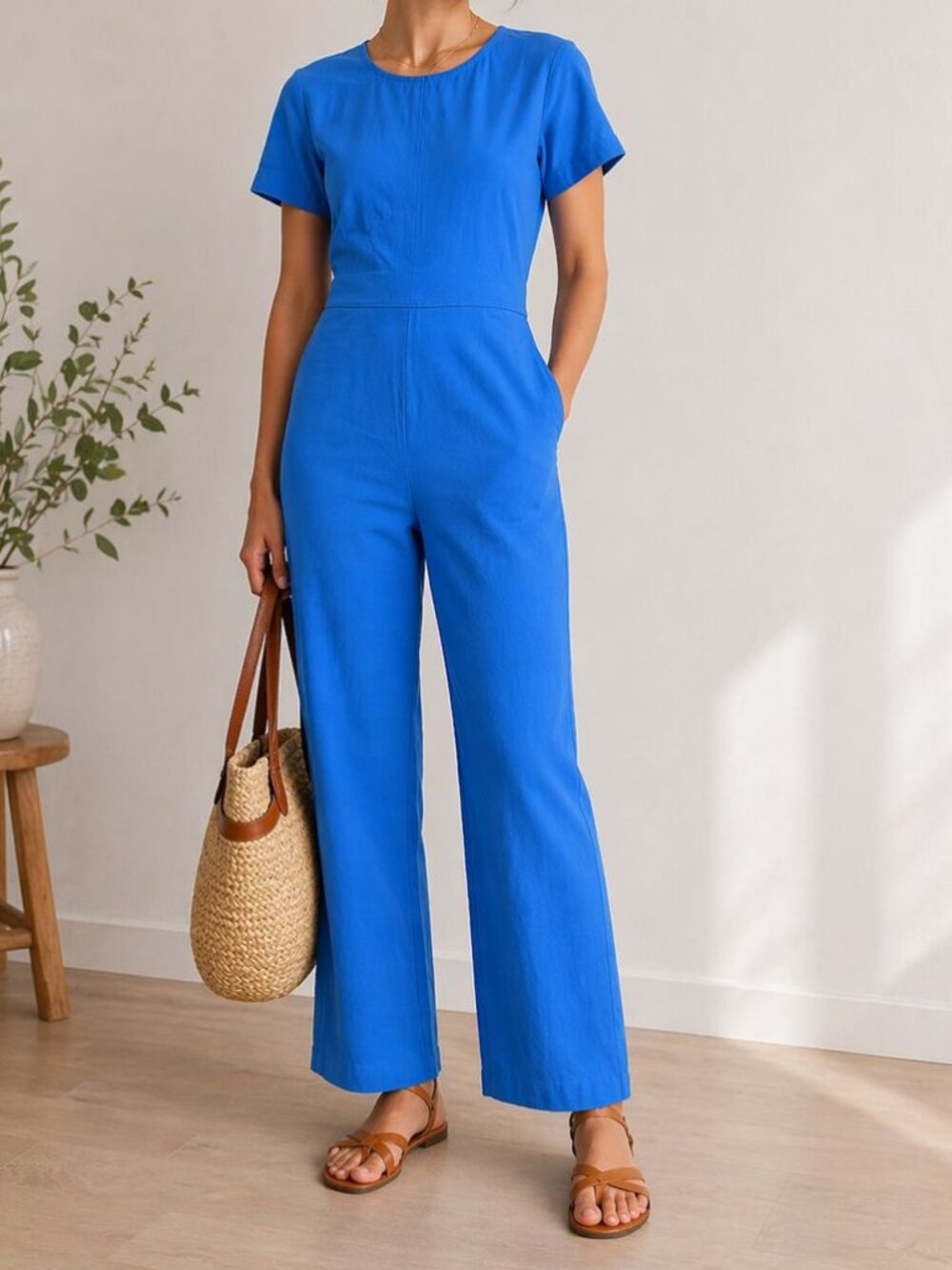 Ilana Kohn Blue Cotton Jumpsuit Romper Size 4 Small Short Sleeve Minimalist USA